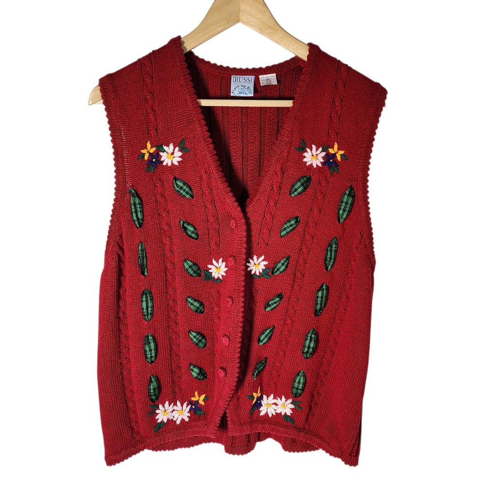 RUSS State of Blue Red Floral Embroidered Knit Button Front Vest Women's L